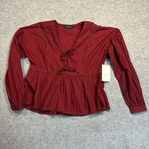 Calligraphie Tie-Front Peplum Blouse Medium Burgundy Lace Trim Cotton